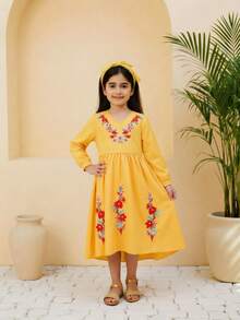 Sparklyn 年轻女孩优雅中东传统复古彩色花卉V领收腰不对称下摆休闲时尚连衣裙，适合节日、派对、送礼、旅行、度假、日常穿着，春夏皆宜。 - 黃色 - 查看 4