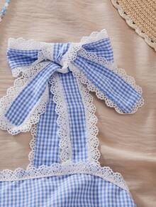 Reset Phase 少女休闲日常时尚蓝白格子荷叶边衬衫，配蝴蝶结肩带，适合外出和日常穿着 - 白色 - 查看 6