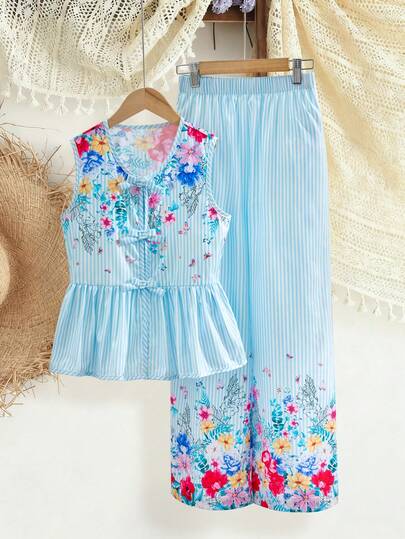 SHEIN 少女经典时尚休闲无袖梭织印花衬衫，搭配长款花卉印花梭织面料，宽松舒适，适合夏季日常通勤、户外活动、郊游和拍照。