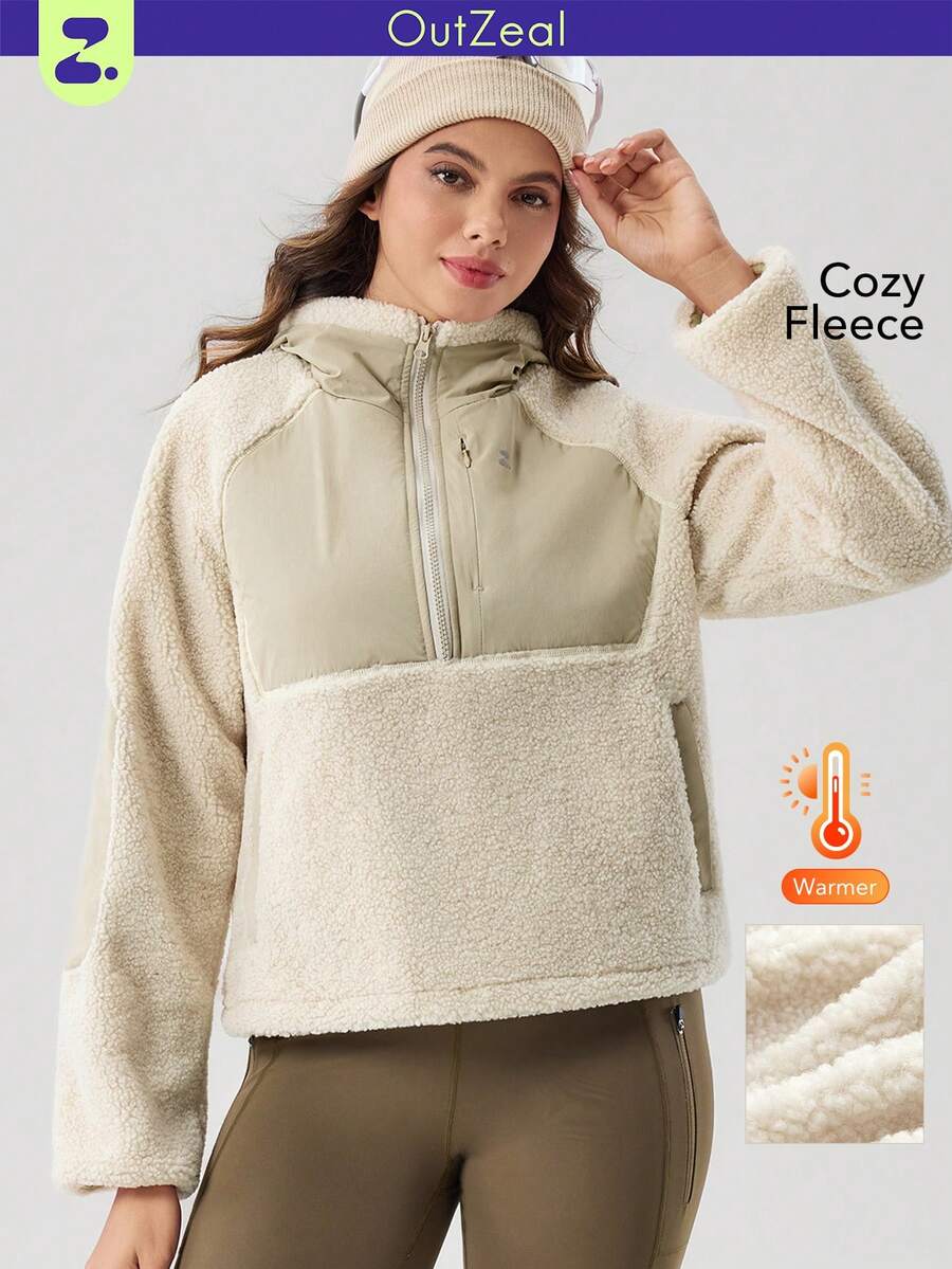 OutZeal 女士冬季保暖半拉链抓绒连帽外套 - 米色 - 查看 1