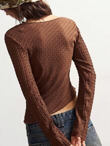 Bohemela Women Casual Solid Color Knit Boat Neck Long Sleeve Top - Mocha Brown - View 6