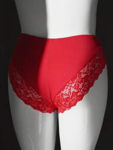 SHEIN Plus Size Sexy Lace Patchwork Panties, Valentine's Day - Red - View 4