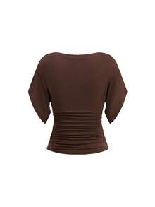 Ellevyn Áo thun nữ cổ chữ V tay ngắn xếp ly màu trơn kiểu dáng thường ngày - Màu nâu  Mocha - Xem 3