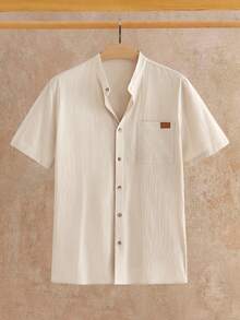 Manfinity VCAY Men's 2 Piece Linen Outfit,Summer Casual Holiday Vacation Army Green Pants Set,Stand Collar Short Sleeve Button Down Shirt & Drawstring Trousers Set - Apricot - View 14