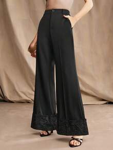Anewsta Pantalones casuales de pierna ancha con diseño de patchwork de encaje negro para mujer, pantalones rectos adelgazantes, primavera/verano - Negro - Ver 6
