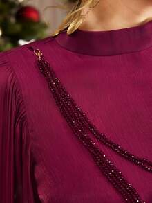 VOLUPTÉ CURVE Maxi-Kleid in Große Größen aus Chiffon, eleganter hochwertiger Göttin-Stil, V-Ausschnitt, Fledermausärmel, geraffte Taille, Kettendekoration, mehrstufiger Rock, geeignet für Valentinstag, formelle Anlässe, Bankette, romantische Stimmung - Bordeaux - Übersicht 7