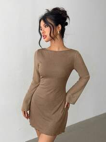 Aloruh Gaun Elegan Warna Polos dengan Tali di Belakang, Cocok untuk Pakaian Kasual & Pesta - Khaki - View 6