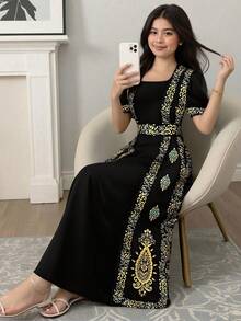 Elegant Faux Gold Thread Ribbon & Embroidery Lace Waist Loose Flared Dress For Teen Girls - Pink - View 1