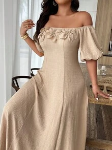 SHEIN LUNE Robe casual grande taille de couleur unie avec épaule asymétrique et décoration florale 3D - Kaki - Voir 3