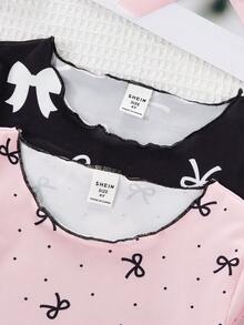 2件套女童针织蝴蝶结印花短袖上衣和裤子睡衣套装，春夏款 - 彩色 - 查看 3