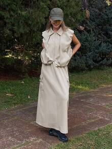 Livesso 女士休闲宽松外套，翻领设计，腰部抽绳，配有大口袋，搭配直筒半身裙，两件套，适合春夏穿着。 - 卡其色 - 查看 1