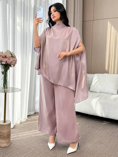 Modelyn Nya Plus Size Damkläder/Plus Size Kläder/Pendling/Familjesammankomster/Plus Size Glänsande Dammode Enfärgad Elegant Fuskkrage Mode Utsökt Fladdermusärm Satin Asymmetrisk Fåll Skjorta & Raka Eleganta Byxor Kostym, Lämplig För Damer