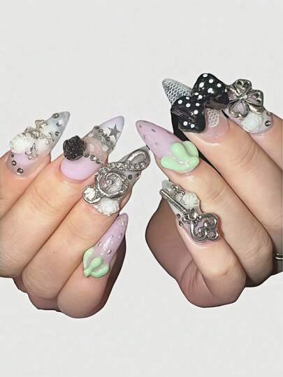 ROMWE Anime 10片Y2K复古星星、波点、条纹、波普艺术、朋克、音符装饰假指甲，手工制作，适合大学、音乐节、约会等场合。