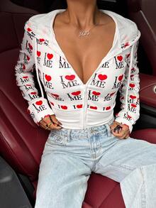 Muchica 女士字母爱心印花抽绳连帽拉链休闲百搭长袖卫衣，适合情人节、约会、外出等场合。 - 白色 - 查看 4