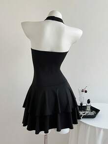 Elamini 女士黑色深V领露背荷叶边迷你连衣裙，性感度假风，派对装扮 - 黑色 - 查看 2