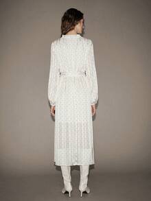 Lumivelle Women's Spring/Summer Fashion Long Sleeve Ruffle Collar Cinched Waist Waist Polka Dot Dress