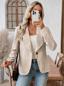 EMERY ROSE 女士条纹印花单扣优雅长袖西装外套，春假必备单品 - 彩色 - 查看 8