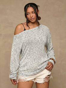 Freevana Plus Size Casual Asymmetrical Shoulder Knit Top, Versatile All-Match T-Shirt For Autumn/Winter - Grey - View 6