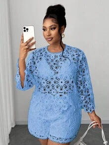 Maweii Plus Size Solid Color Hollow Out Fashion Long Sleeve Shirt - Baby Blue - View 6