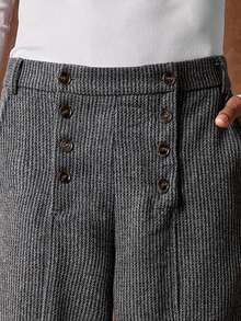 AKNOTIC Men's Wool Herringbone Pattern Wide Leg Pants,Light Grey Autumn Vintage Date High Waisted Button Placket Pocket Casual Baggy Dress Up Formal Pants - Black - View 2