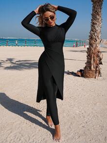 Swim Mulvari 2pcs Women's New Spring/Summer High Neck Long Sleeve High Slit Ruffle Top And Long Pants Swimsuit, Middle East Beach Cruise Vacation Swimwear, Sun Protection Casual Beach - Black - View 2