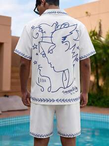 Manfinity RSRT Men's White Polo Collar Drawstring Elastic Waist Short Sleeve Shirt Set, INS , Valentine's Day Edition - White - View 6