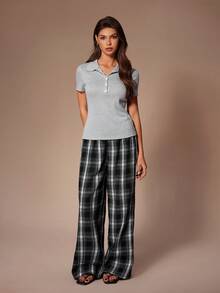 SHEIN 2pcs Thin T-Shirt Top & Plaid Pants Casual Loungewear Set, Slim Fit & Relaxed - Light Grey - View 5