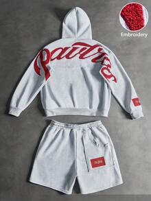 Pavtros品牌男士时尚刺绣连帽衫短裤套装，适合日常穿着、情人节礼物、居家游戏、户外音乐节、休闲外出、朋友聚会、送给孩子、男友/丈夫的礼物、周年纪念礼物。男士两件套，Kpop男士街头服饰套装，连帽衫套装，街头运动服，复古风格。 - 淺灰色 - 查看 1