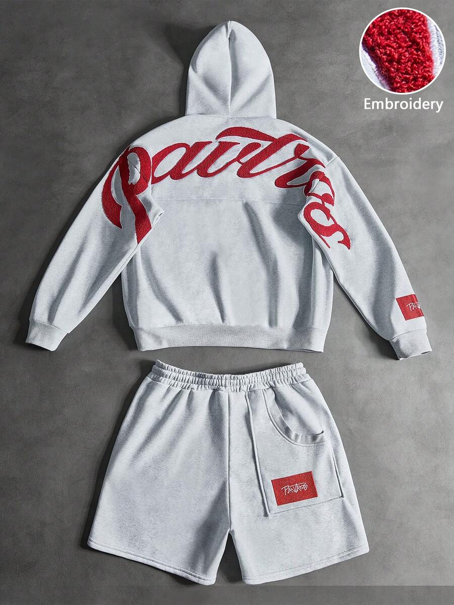 Pavtros品牌男士时尚刺绣连帽衫短裤套装，适合日常穿着、情人节礼物、居家游戏、户外音乐节、休闲外出、朋友聚会、送给孩子、男友/丈夫的礼物、周年纪念礼物。男士两件套，Kpop男士街头服饰套装，连帽衫套装，街头运动服，复古风格。 - 淺灰色 - 查看 1