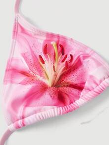 SHEIN MOD Women's Summer Beach Floral Halter Tie Sexy Bikini Swimwear Set With Cover Up Top, 3pcs Bikini, Pink Swimwear 3 Pieces, Flower Bikini, Chic Women's 3 Pieces Floral Print Bikini Set Pink Halter Top Side Tie Bottom And Mesh Crop Top, Seaside Vacation, Vacation Outfits Women , Holiday , Summer Outfits - Pink - View 7