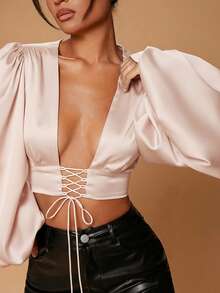 Hauture Animal Print Plunge Neck Balloon Sleeve Lace Up Top - Apricot - View 6