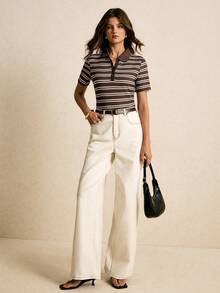 Poéselle Áo thun ngắn tay kẻ sọc phong cách thường ngày dành cho nữ, thích hợp mặc đi làm, mùa hè. - màu nâu - Xem 6