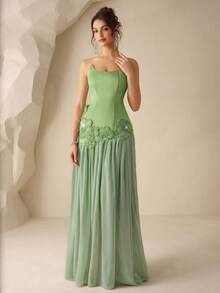 Coutiva Women's Elegant Embellished Mesh Overlay Formal Evening Gown (Heavily Embellished) - Green - View 3