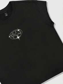 ROMWE MEN Men's Rhinestone Letter Graphic Round Neck Casual Tank Top - Black - View 4