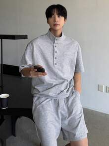 DAZY Men's Loose Gray Button-Up Half Placket T-Shirt Set, Summer - Grey - View 1