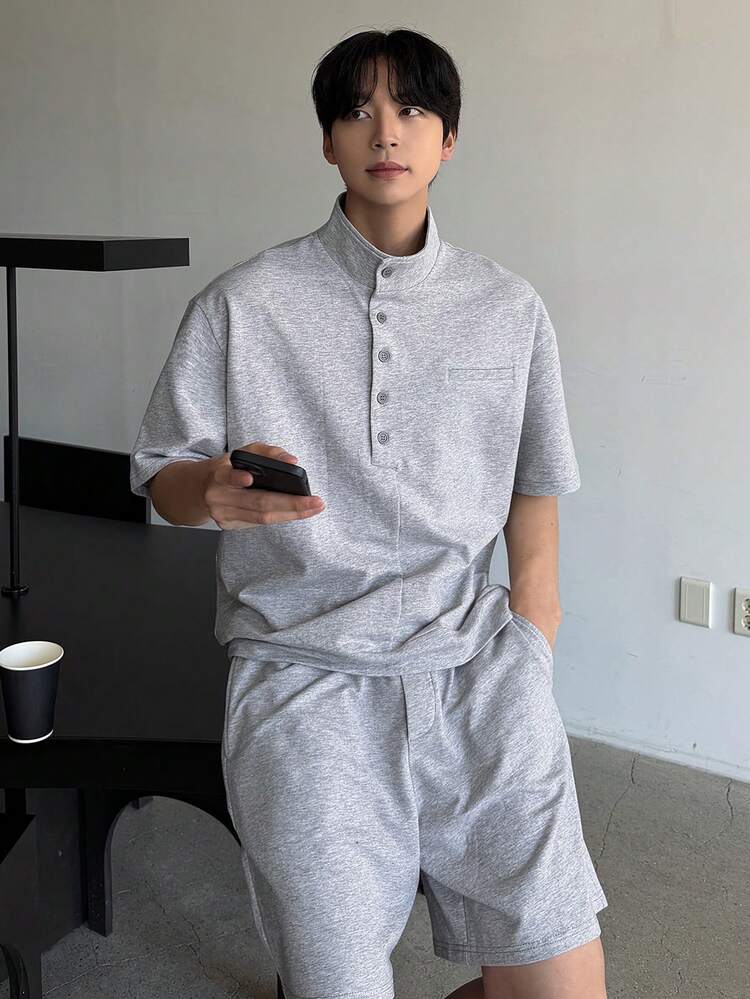 Men's Loose Gray Button-Up Half Placket T-Shirt Set, Summer