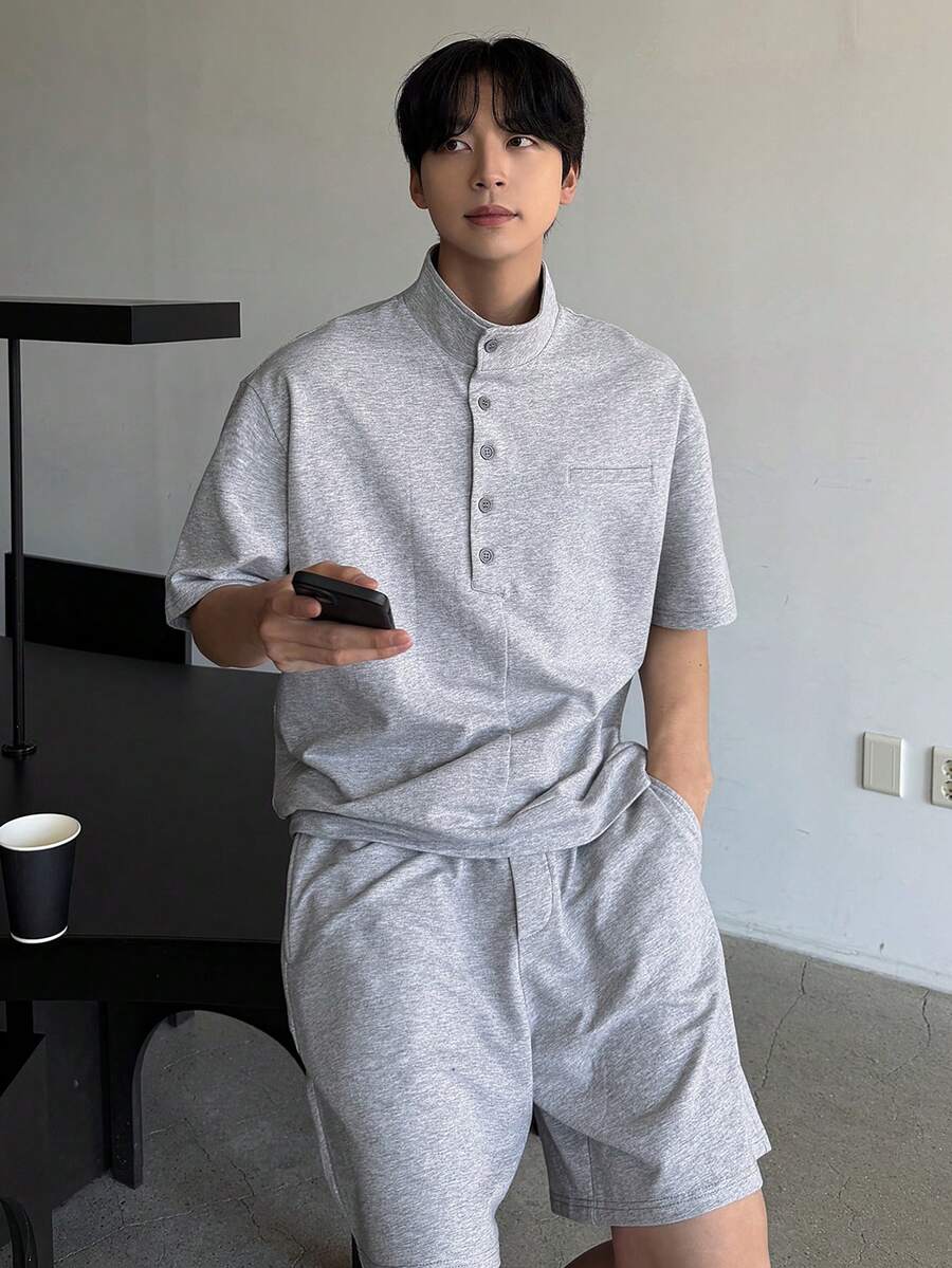 DAZY Men's Loose Gray Button-Up Half Placket T-Shirt Set, Summer - Grey - View 1