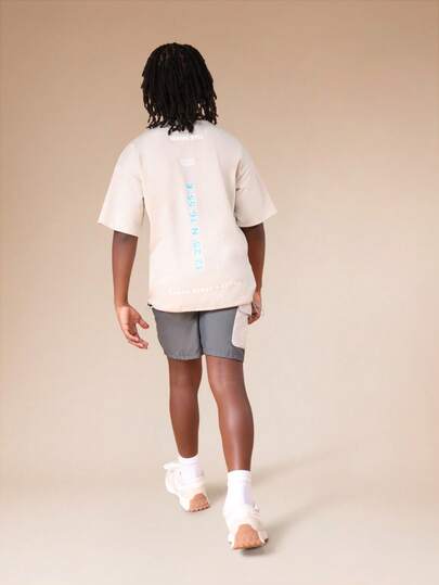 SUMWON Oversized Short Sleeve Crew Neck T-Shirt And Shorts Co-Ord Set With Blue Vertical Text Print Back Design For Casual Summer Everyday Wear