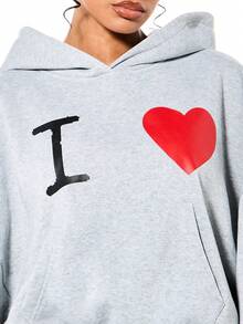 SUMWON WOMEN Boxy Fit Oversized Grey Hoodie With Red Heart Graphic Print Long Sleeve Casual Winter Fall Pullover Sweatshirt For Valentine's Day - Grey - View 4