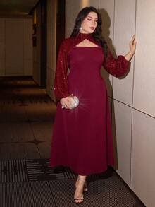 Modelyn 2pcs Plus Size Women Elegant Sequin Party Dress - Burgundy - View 8