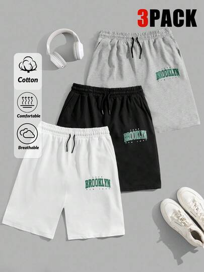 RueChic Men Cottonline 3pcs Pack Drawstring Letter Printed Regular Short