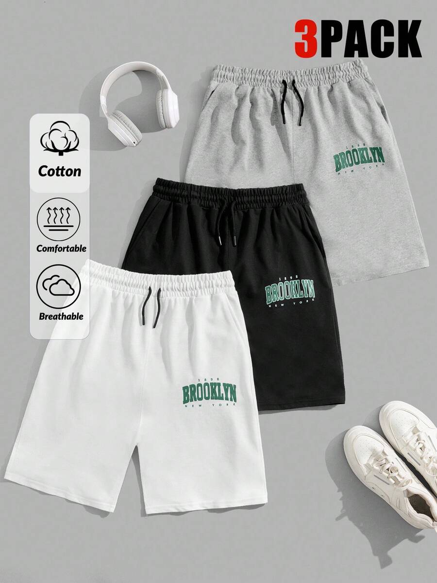 RueChic Men Cottonline 3pcs Pack Drawstring Letter Printed Regular Short - Multicolor - View 1