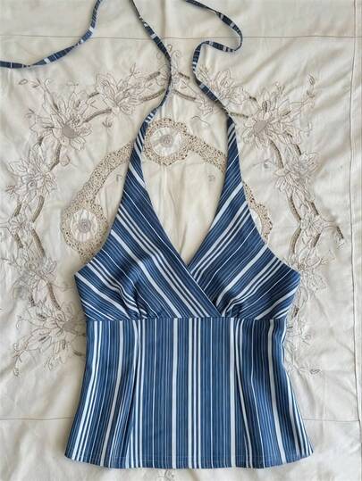 Rina Fox Plus Size Summer Casual Striped Backless Halter Top