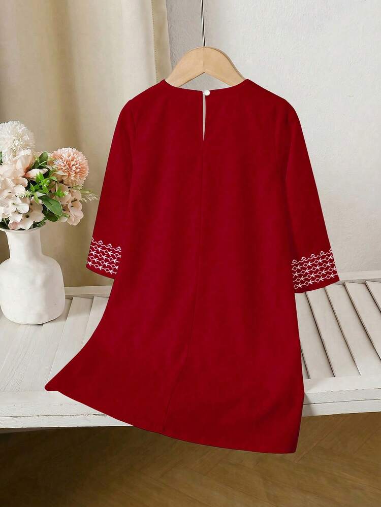 SHEIN Elegant Vintage Distinctive Dignified Young Girls' Kaftan Robe, Arabic Style Patterned Long Robe Suitable For Celebrations, Daily Wear, And Outings, Happy Holidays - Multicolor - View 3