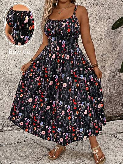 Breezaya Plus Size Elegant A-Line Ditsy Floral Wrap Dress With Tie Strap And Square Neck