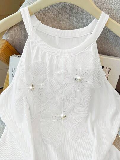 GlowEve CURVE Plus Size Soft Knit Fabric Spaghetti Strap Chest Floral Decor Fitted Tank Top, Elegant For Outings, Commute, Dates, Parties, Vacation