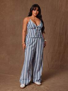 Rustia 2pcs/Set Fashionable Vacation Camisole Top And Straight Leg Contrast Striped Pants - Multicolor - View 3