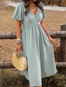 SHEIN LUNE Plus Size Women U-Neck Ruched Puff Sleeve A-Line Midi Casual/Work Dress - Mint Green - View 6
