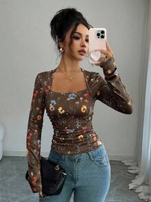 Elenzga 女士优雅 U 领花卉印花褶皱腰长袖 T 恤上衣，适合女性日常生活、派对、通勤、秋冬季 - 棕色 - 查看 4