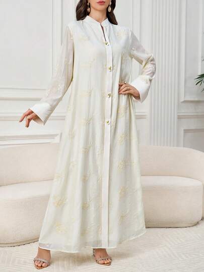 Yasmyna Women's Floral Embroidered Long Sleeve Single-Breasted Arabic Dress